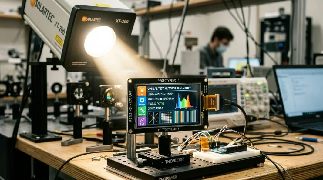 An optical laboratory setting showing a 5.5 inch 720x1440 IPS LCD display module emitting crystal-clear, vivid interface graphics under high-intensity simulated sunlight.